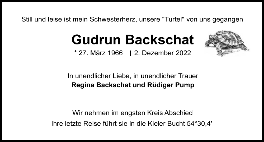  Traueranzeige für Gudrun Backschat vom 10.12.2022 aus Kieler Nachrichten