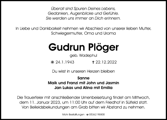 Traueranzeige von Gudrun Plöger von Aller Zeitung