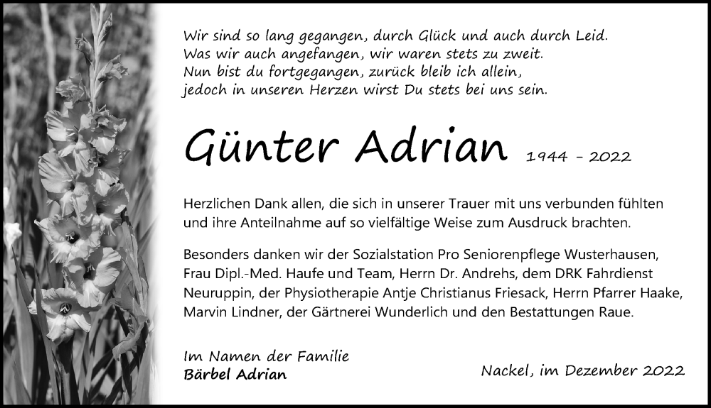  Traueranzeige für Günter Adrian vom 10.12.2022 aus Märkischen Allgemeine Zeitung