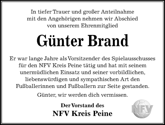 Traueranzeige von Günter Brand von Peiner Allgemeine Zeitung