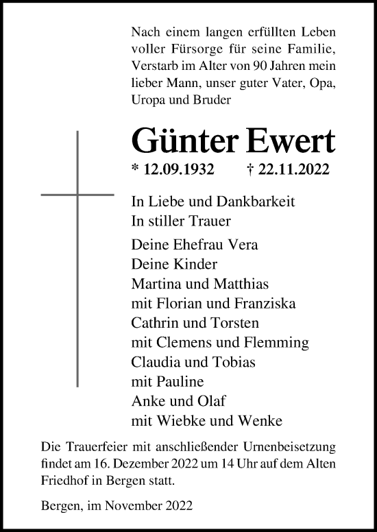 Traueranzeige von Günter Ewert von Ostsee-Zeitung GmbH