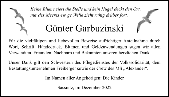 Traueranzeige von Günter Garbuzinski von Ostsee-Zeitung GmbH