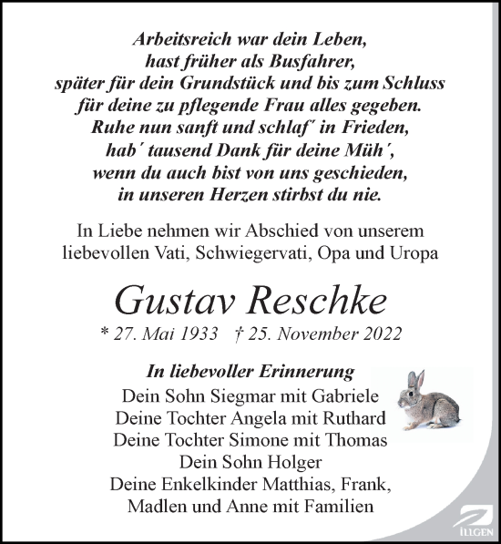 Traueranzeige von Gustav Reschke von Leipziger Volkszeitung