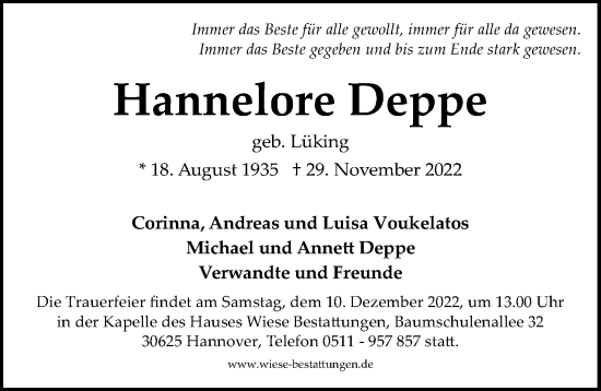 Traueranzeige von Hannelore Deppe von Hannoversche Allgemeine Zeitung/Neue Presse