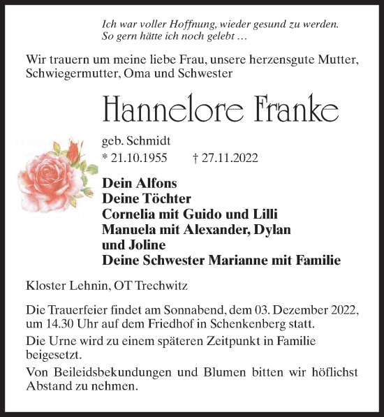 Traueranzeige von Hannelore Franke von Märkischen Allgemeine Zeitung