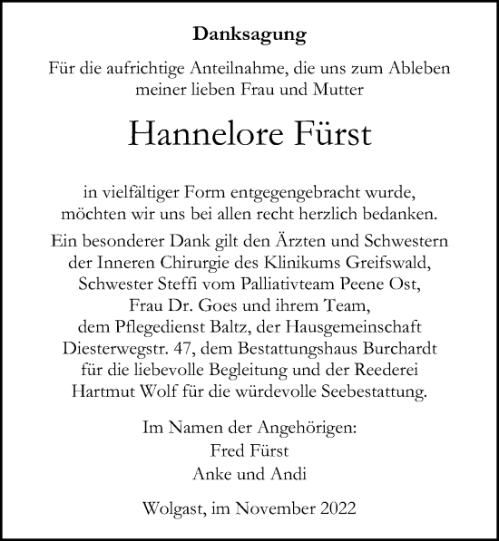 Traueranzeige von Hannelore Fürst von Ostsee-Zeitung GmbH