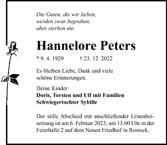 Traueranzeige von Hannelore Peters von Ostsee-Zeitung GmbH