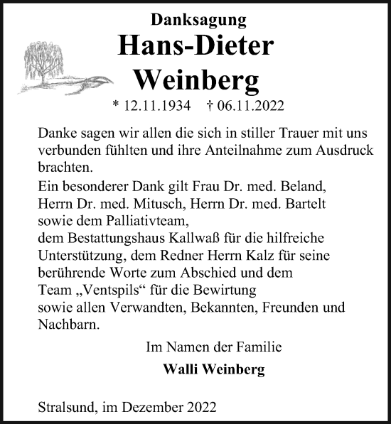 Traueranzeige von Hans-Dieter Weinberg von Ostsee-Zeitung GmbH