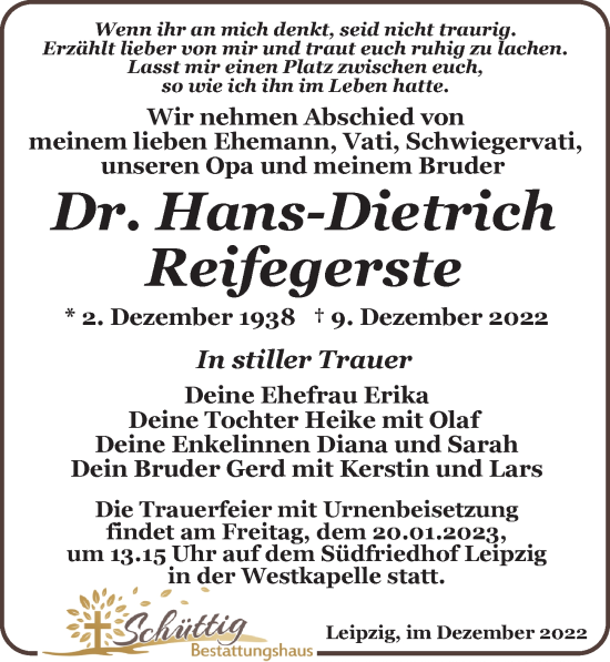 Traueranzeige von Hans-Dietrich Reifegerste von Leipziger Volkszeitung