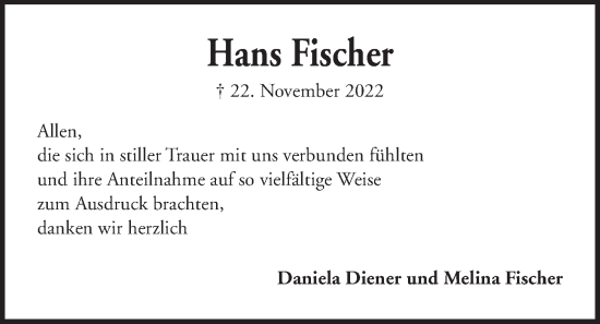 Traueranzeige von Hans Fischer von Kieler Nachrichten