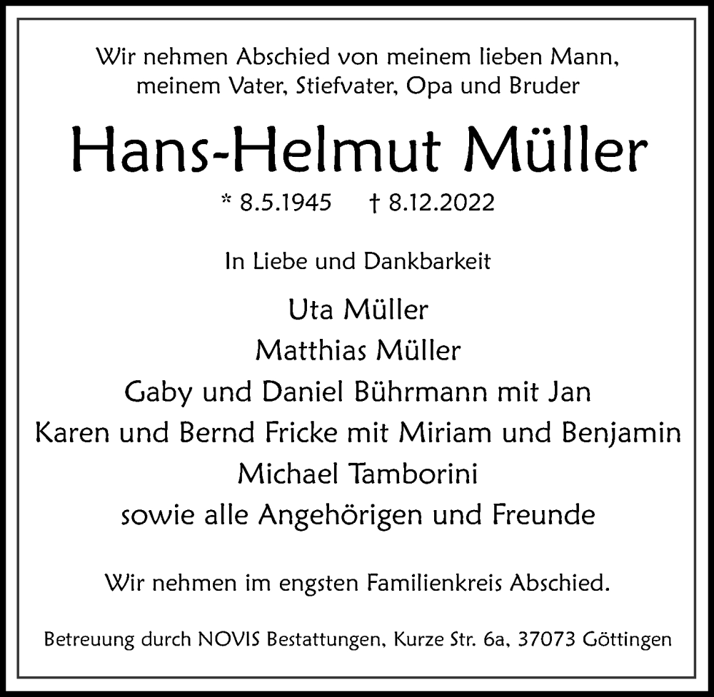  Traueranzeige für Hans-Helmut Müller vom 17.12.2022 aus Göttinger Tageblatt