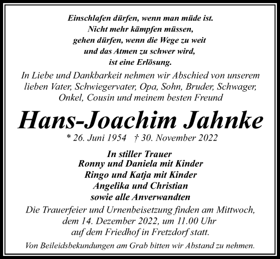 Traueranzeige von Hans-Joachim Jahnke von Märkischen Allgemeine Zeitung