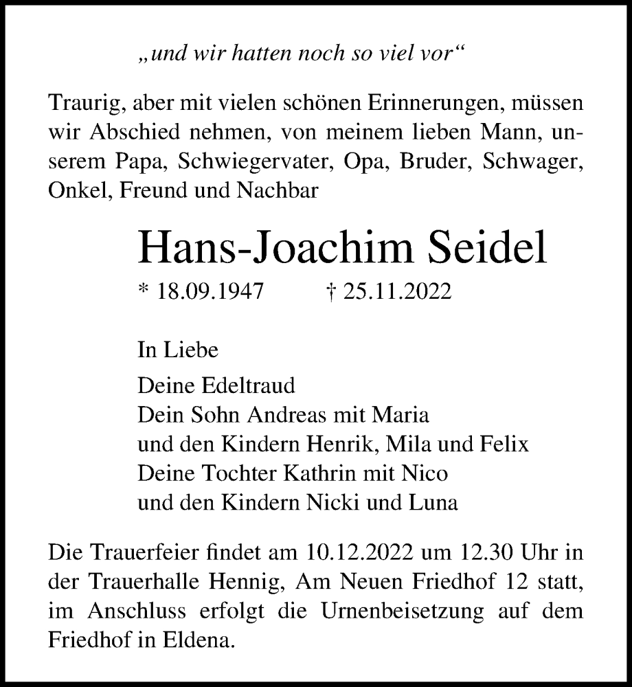 Traueranzeigen Von Hans Joachim Seidel Trauer Anzeigen De