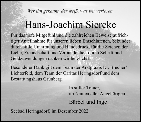 Traueranzeige von Hans-Joachim Siercke von Ostsee-Zeitung GmbH