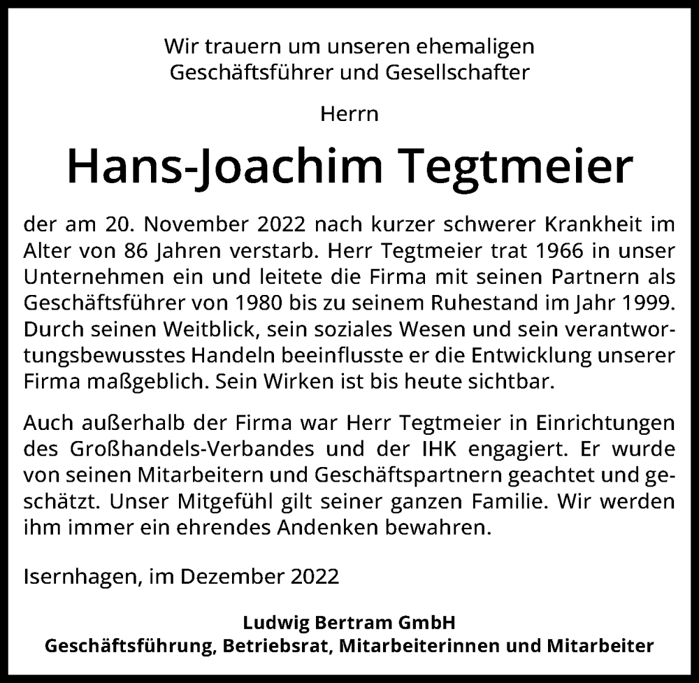  Traueranzeige für Hans-Joachim Tegtmeier vom 10.12.2022 aus Hannoversche Allgemeine Zeitung/Neue Presse