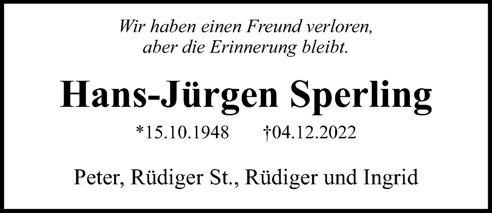  Traueranzeige für Hans-Jürgen Sperling vom 18.12.2022 aus Lübecker Nachrichten