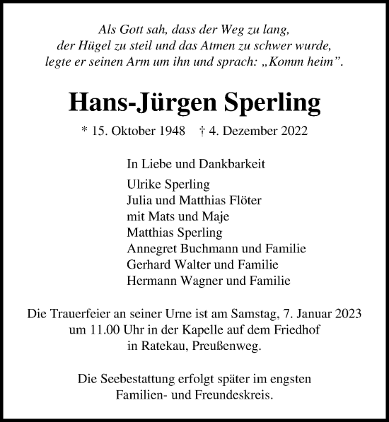 Traueranzeige von Hans-Jürgen Sperling von Lübecker Nachrichten