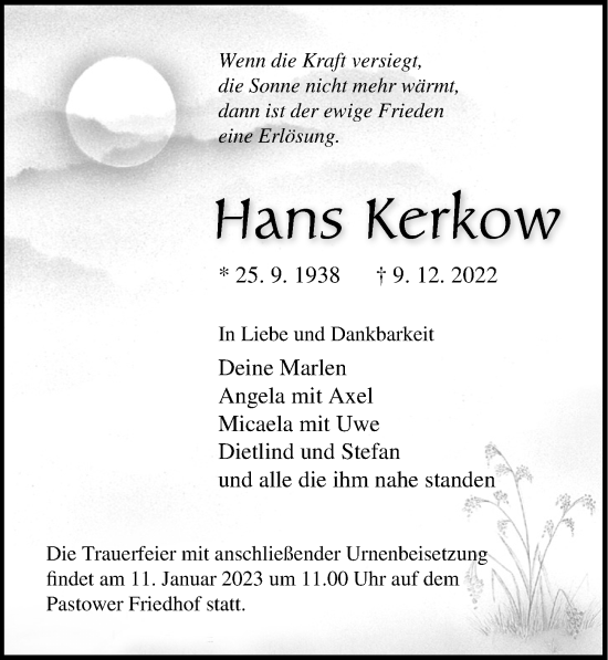 Traueranzeige von Hans Kerkow von Ostsee-Zeitung GmbH