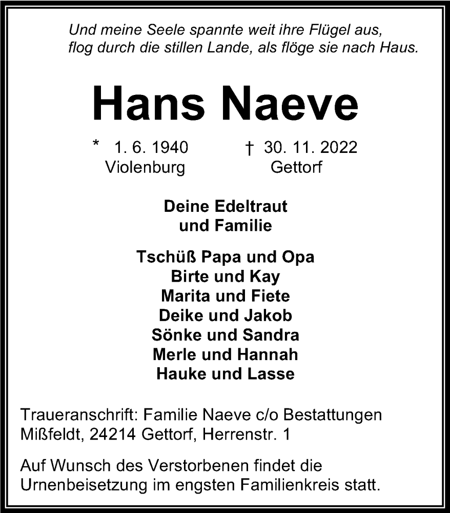  Traueranzeige für Hans Naeve vom 10.12.2022 aus Kieler Nachrichten