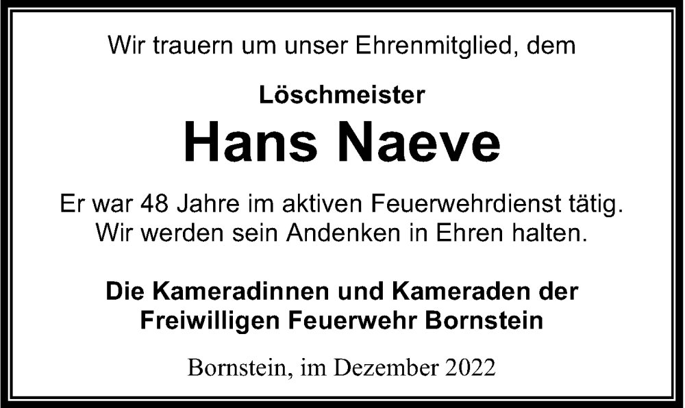  Traueranzeige für Hans Naeve vom 10.12.2022 aus Kieler Nachrichten