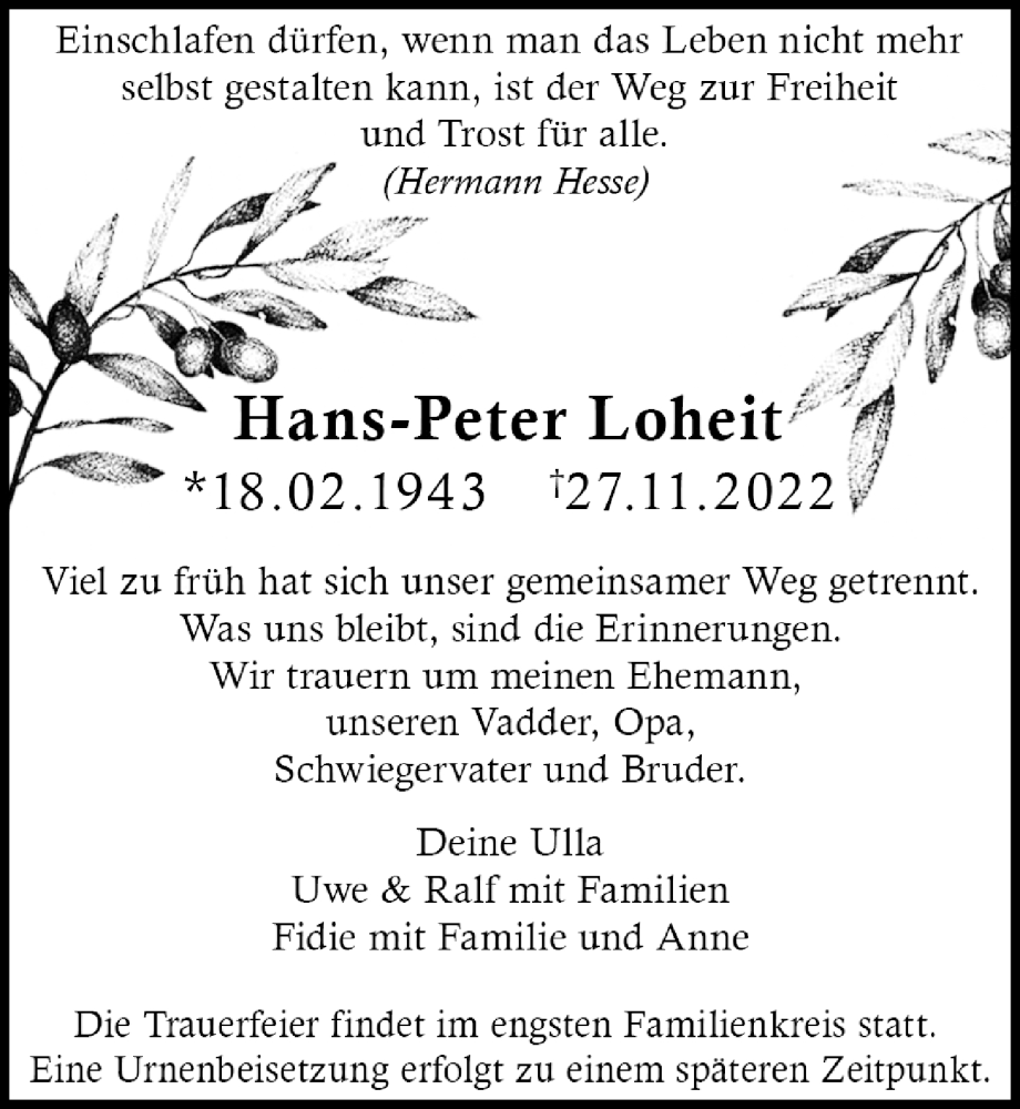  Traueranzeige für Hans-Peter Loheit vom 03.12.2022 aus Ostsee-Zeitung GmbH