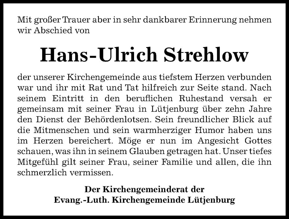  Traueranzeige für Hans-Ulrich Strehlow vom 17.12.2022 aus Kieler Nachrichten