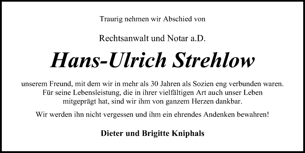  Traueranzeige für Hans-Ulrich Strehlow vom 17.12.2022 aus Kieler Nachrichten