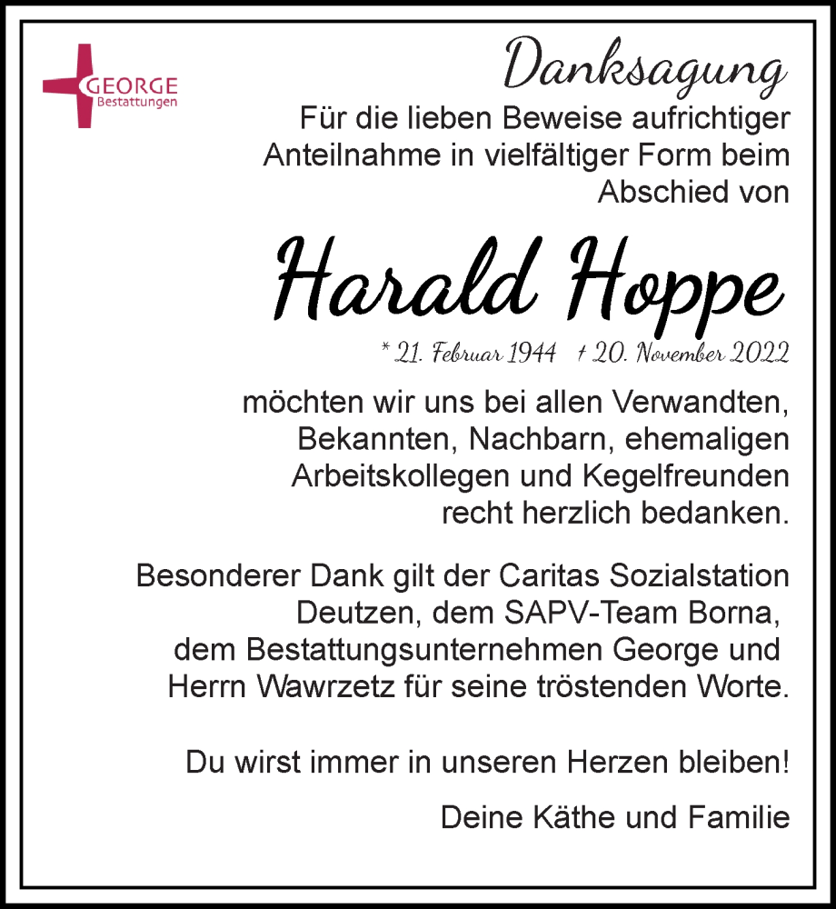  Traueranzeige für Harald Hoppe vom 31.12.2022 aus Leipziger Volkszeitung