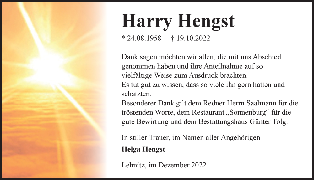  Traueranzeige für Harry Hengst vom 10.12.2022 aus Märkischen Allgemeine Zeitung