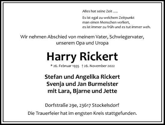 Traueranzeigen von Harry Rickert | trauer-anzeigen.de