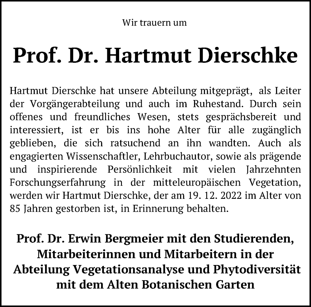  Traueranzeige für Hartmut Dierschke vom 23.12.2022 aus Göttinger Tageblatt