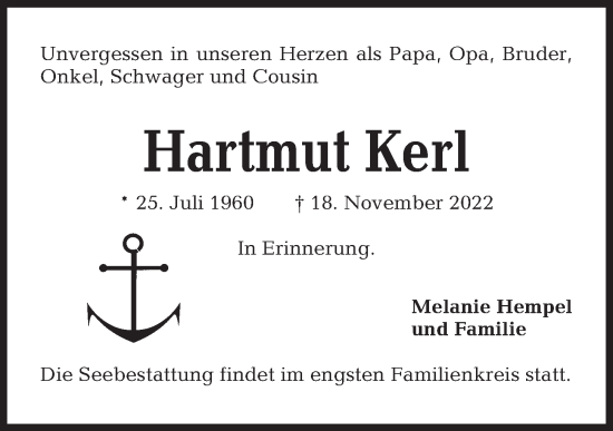 Traueranzeige von Hartmut Kerl von Kieler Nachrichten