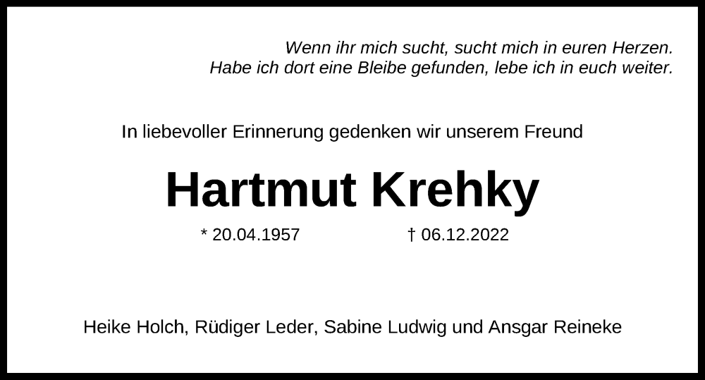  Traueranzeige für Hartmut Krehky vom 10.12.2022 aus Göttinger Tageblatt