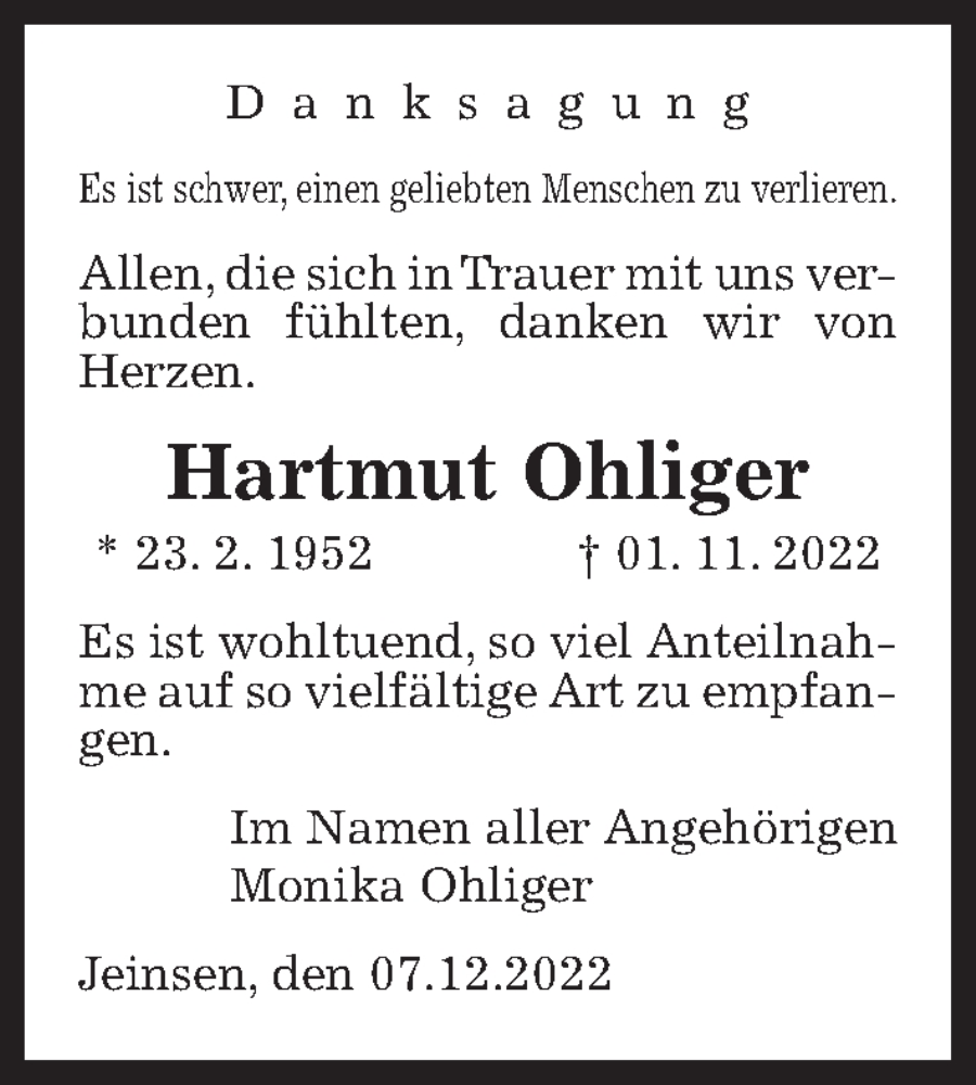  Traueranzeige für Hartmut Ohliger vom 07.12.2022 aus Hannoversche Allgemeine Zeitung/Neue Presse