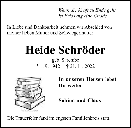 Traueranzeige von Heide Schröder von Kieler Nachrichten