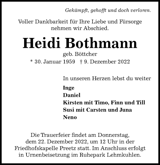 Traueranzeige von Heidi Bothmann von Kieler Nachrichten