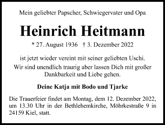 Traueranzeige von Heinrich Heitmann von Kieler Nachrichten