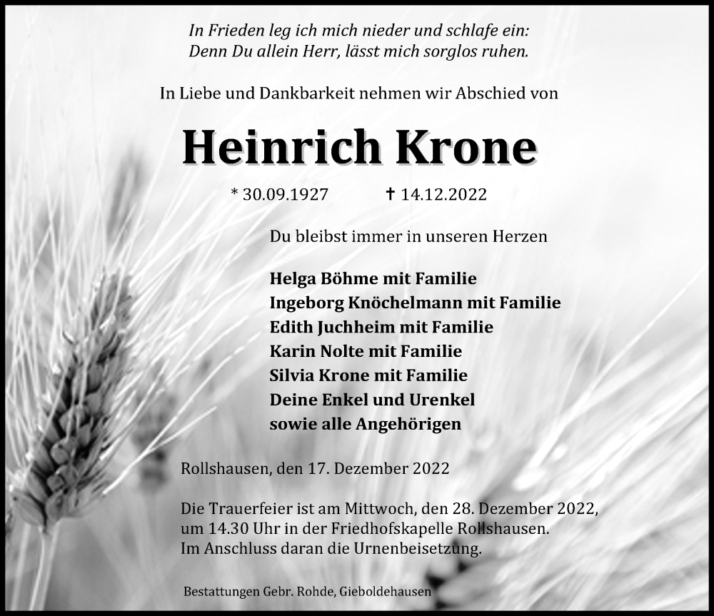  Traueranzeige für Heinrich Krone vom 17.12.2022 aus Eichsfelder Tageblatt