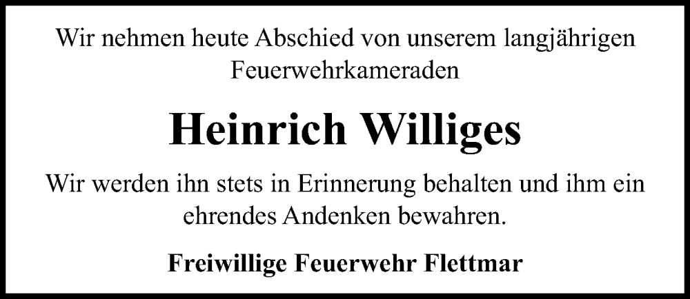  Traueranzeige für Heinrich Williges vom 01.12.2022 aus Aller Zeitung