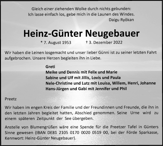 Traueranzeige von Heinz-Günter Neugebauer von Kieler Nachrichten