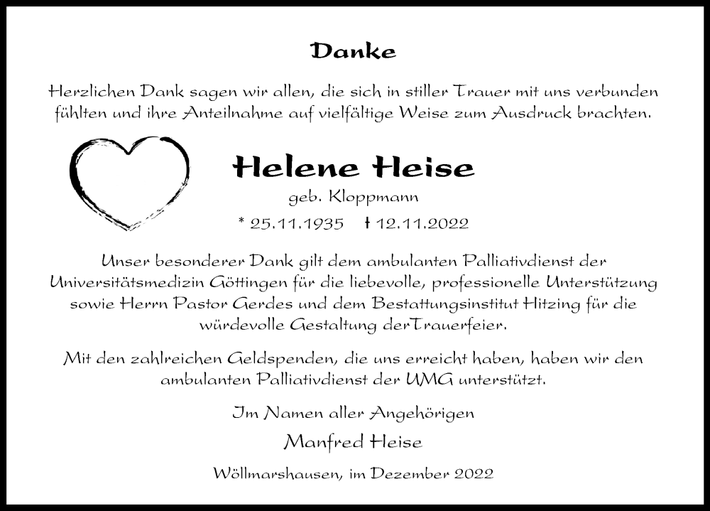  Traueranzeige für Helene Heise vom 10.12.2022 aus Göttinger Tageblatt