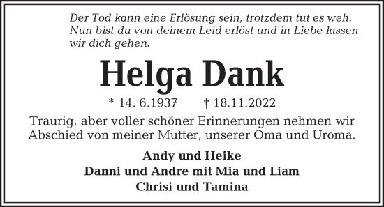 Traueranzeige von Helga Dank von Kieler Nachrichten