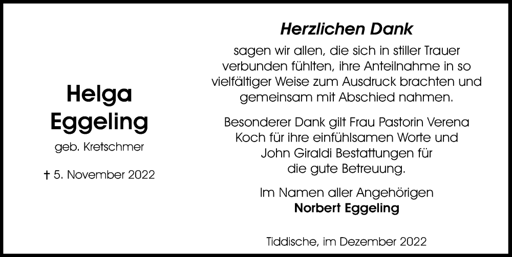  Traueranzeige für Helga Eggeling vom 10.12.2022 aus Aller Zeitung