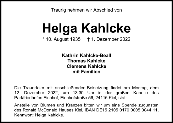 Traueranzeige von Helga Kahlcke von Kieler Nachrichten