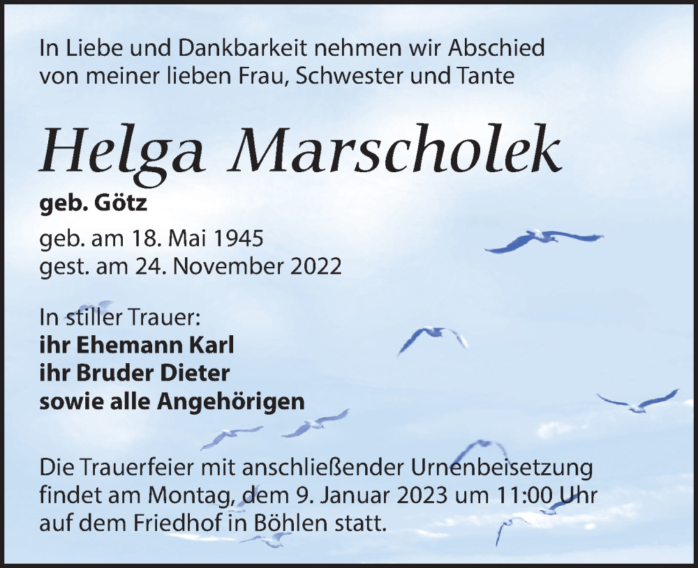 Traueranzeige für Helga Marscholek vom 24.12.2022 aus Leipziger Volkszeitung