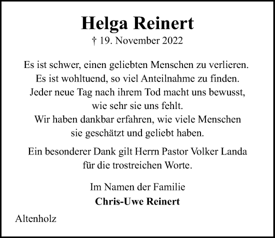 Traueranzeige von Helga Reinert von Kieler Nachrichten