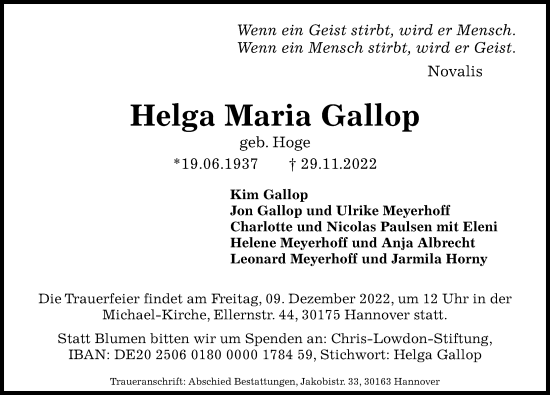 Traueranzeige von Helga Maria Gallop von Hannoversche Allgemeine Zeitung/Neue Presse