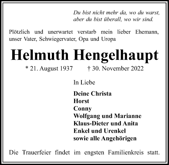 Traueranzeige von Helmuth Hengelhaupt von Kieler Nachrichten