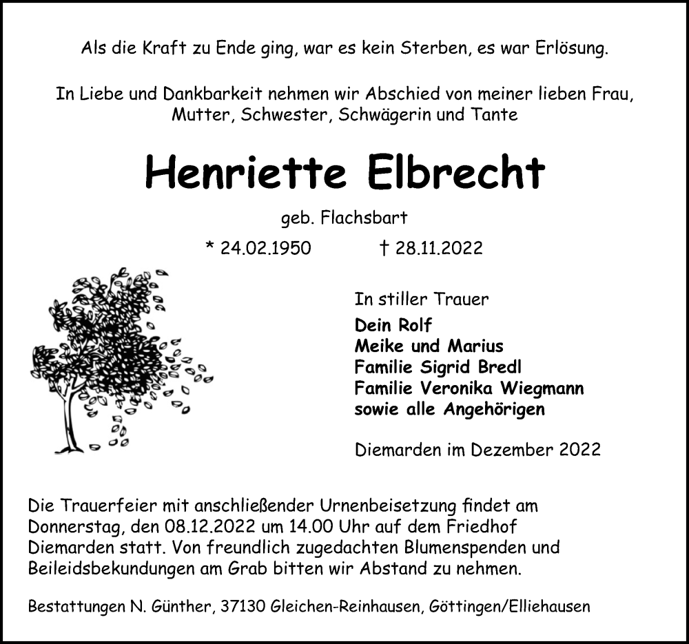  Traueranzeige für Henriette Elbrecht vom 03.12.2022 aus Göttinger Tageblatt