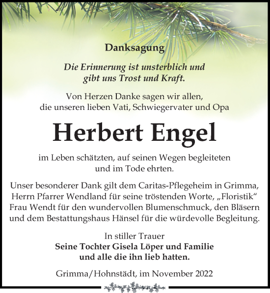 Traueranzeige von Herbert Engel von Leipziger Volkszeitung